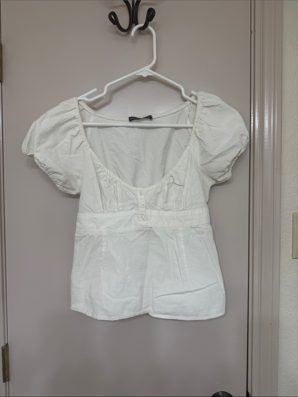 Brandy Melville White Puff-Sleeve Button Front Top